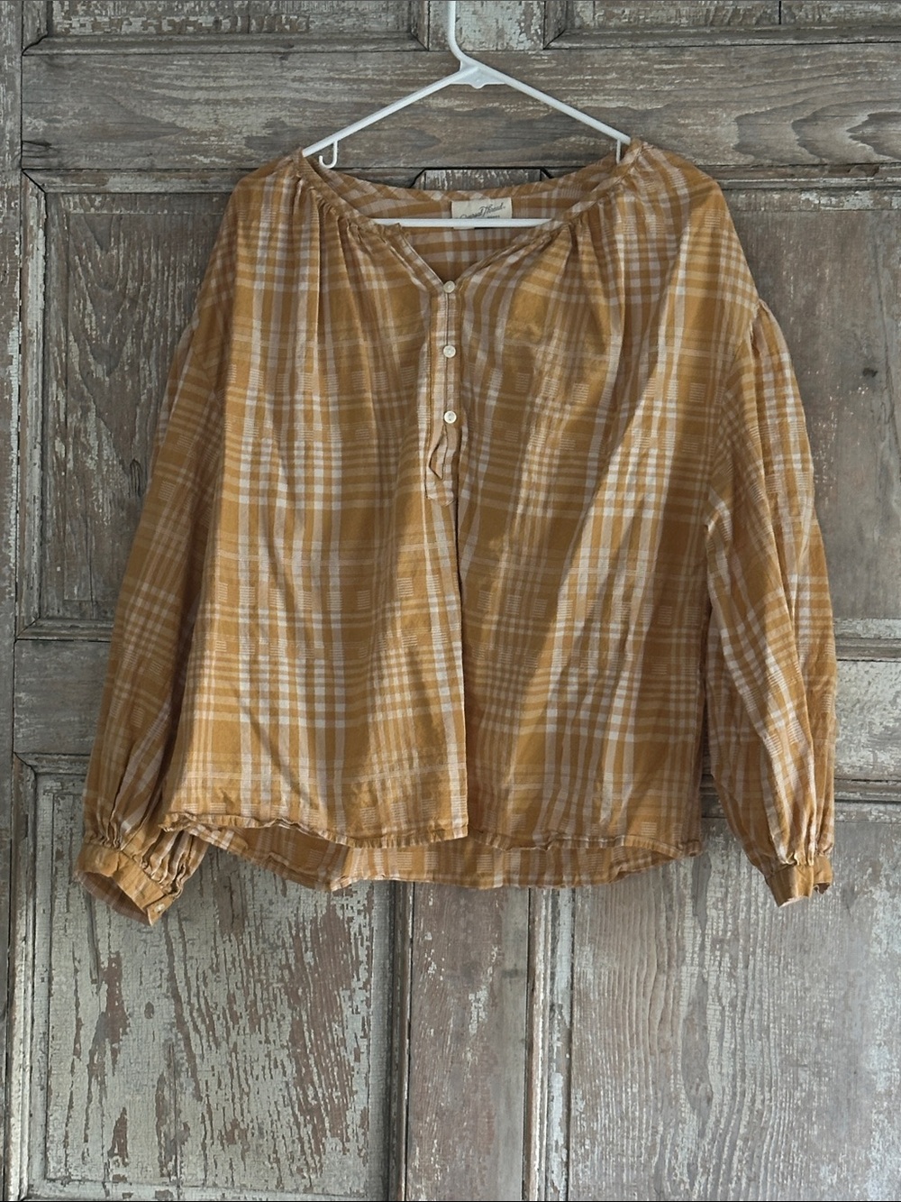 Universal Thread Mustard Plaid Button-Front Peasant Blouse